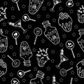 Halloween jugs, sweets and potions in white outline on a black background pattern